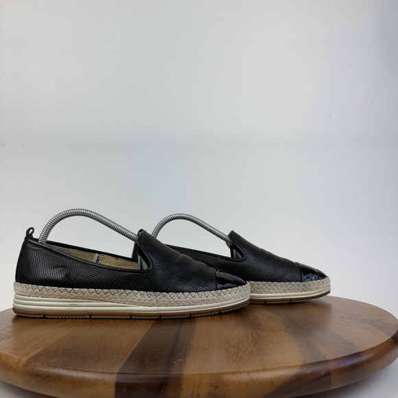 Womens Paul Green Black Leather Perforated Espadrille Cap Toe Loafers Size 8.5 M